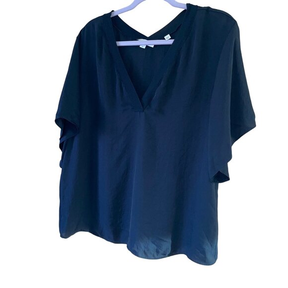 Vince Womens Tee Shirt Size Large Black Rib Trim Double V Neck Short Sleeve - Picture 1 of 10